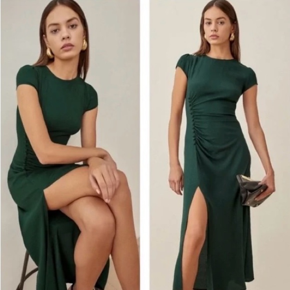 Reformation Forest Green High-Low Ruched Side Slit Dress